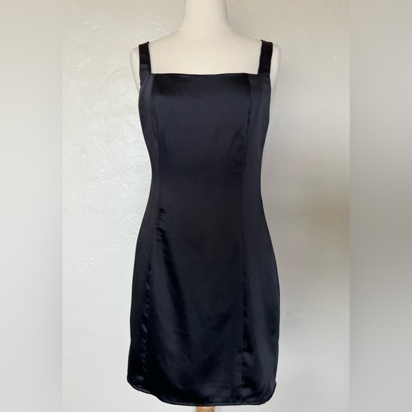 AQUA Black Satin Square Neck Mini Dress - Picture 2 of 5